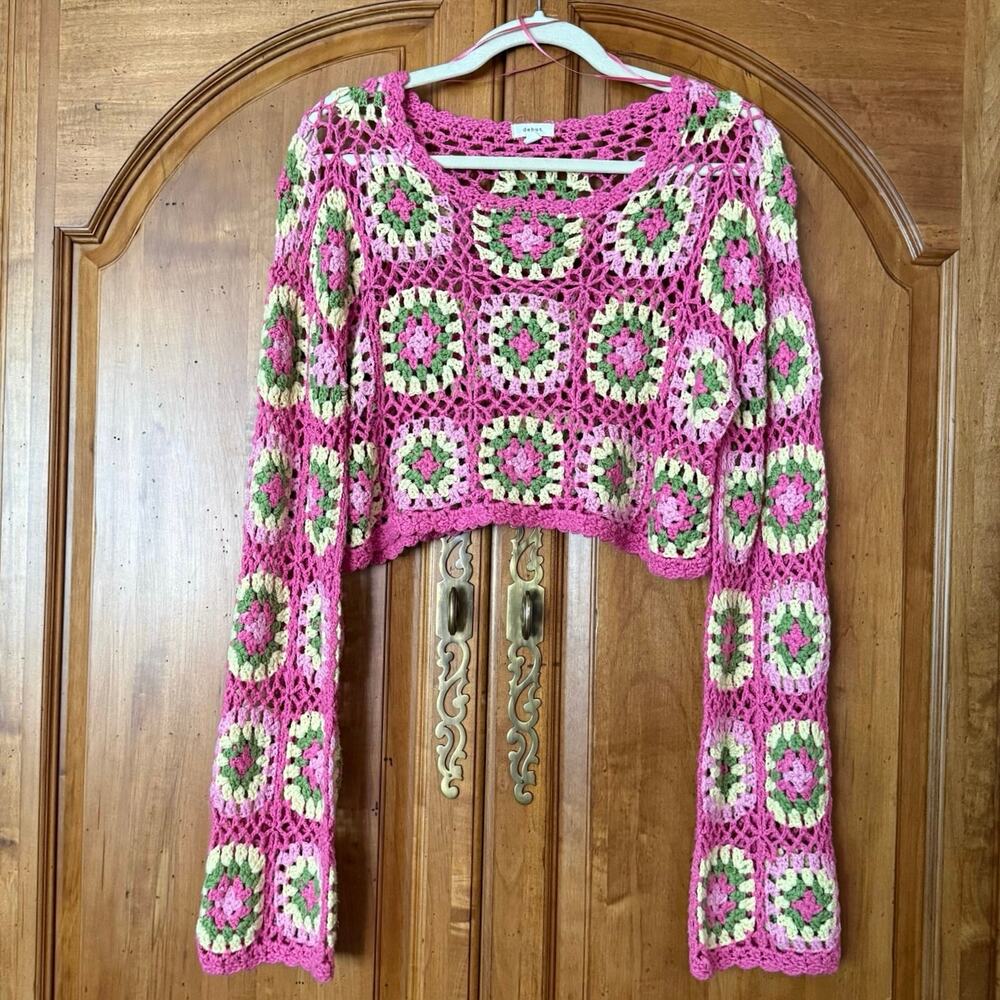 Debut pink crochet granny square sweater open knit cropped size M medium - Picture 9 of 14
